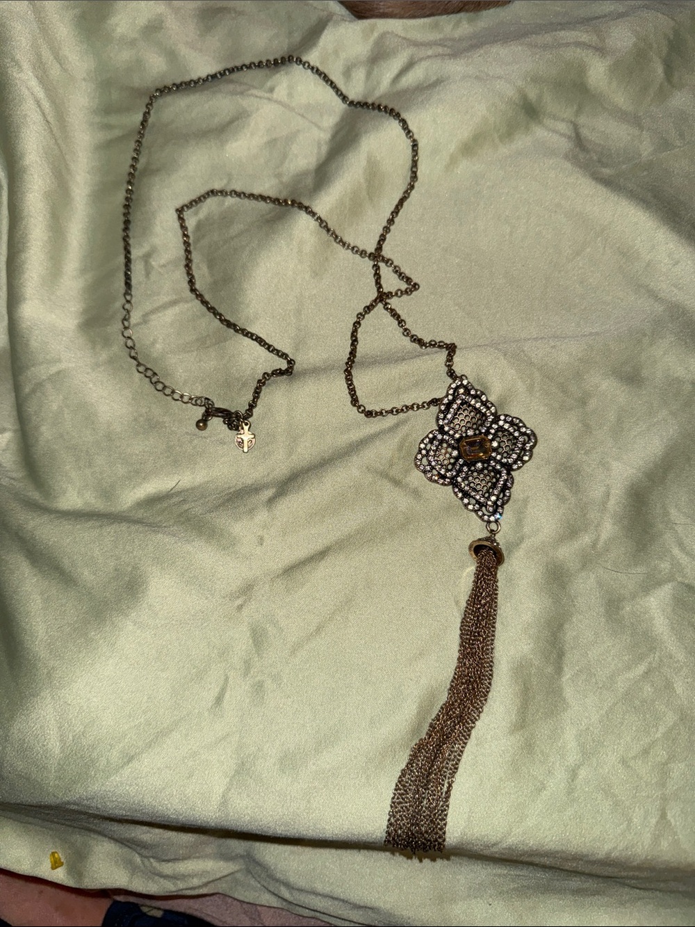Source Unknown Brown and Silver Crystal Floral Tassel Necklace